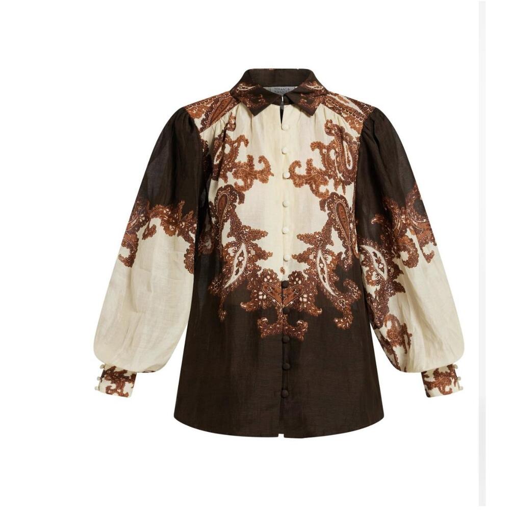 HEMANT & NANDITA Brown and Cream Paisley-Print Puff-Sleeve Blouse
